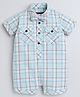Polka Tots Cotton Woven Half Sleeves Checked Shirt Style Romper - Turquoise