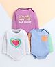Polka Tots Cotton Knit Full Sleeves Text Printed Onesies With Heart Patch Pack Of 3 - Lavender, White & Light Blue