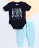 Polka Tots Cotton Knit Half Sleeves Text Printed Onesie With leggings Set - Navy Blue