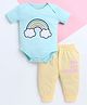 Polka Tots Cotton Knit Half Sleeves Rainbow Text Printed Onesie With leggings Set - Sky Blue