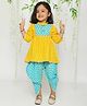 KID1 Cotton Woven Three Fourth Sleeves Bandhej Designed Kurta With Coordinating Chevron Designed Overlapped Dhoti - Yellow & Blue