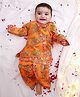 KID1 Cotton Woven Full Sleeves Anghrakha Kurta Dhoti Set with Bansuri & Mor Pankh Print - Orange