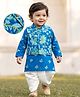 EARTHY TOUCH Cotton Woven Full Sleeves Floral Printed Dhoti Kurta Set With Jacket - Blue