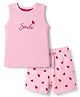 Kookie Kids Single Jersey Knit Sleeveless T-Shirt & Shorts Night Suit with Smile & Heart Print - Pink
