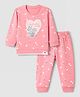 Orange Bubbles Knit Full Sleeves Co-Ords T-Shirt & Pyjama Night Suit with Squirrel & Heart Patch - Rose Gold