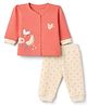 Orange Bubbles Knit Full Sleeves T-Shirt & Pyjama Night Suit with Animal & Heart Print - Red