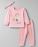 Orange Bubble Knit Full Sleeves Animal & Floral Printed T-Shirt & Pyjama Night Suit with Headband - Pink