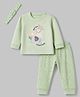 Orange Bubbles Knit Full Sleeves T-Shirt & Pyjama Night Suit with Animal & Floral Print - Light Green