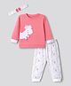Orange Bubbles) Knit Full Sleeves T-Shirt & Pyjama Night Suit with Unicorn & Floral Print  - Pink