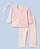 Orange Bubbles Knit Full Sleeves  Cat & Floral Printed T-Shirt & Pyjama Night Suit with Headband - Pink