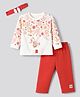 Orange Bubbles) Interlock Knit Full Sleeves Top & Pant Set With Floral Print & Headband - Red