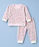 Orange Bubbles) Knit Full Sleeves Co-Ords T-Shirt & Pyjama Night Suit with Floral Print - Pink
