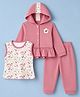 Orange Bubbles) Interlock Knit Full Sleeves Hooded Top & Pants Set With Inner Floral Print ed Tee - Pink & White