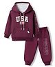 Teddy Fleece Knit Full Sleeves Hooded Winter Wear Suit with Eng Text Print - Wine