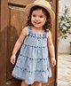 Babyhug Woven Sleeveless Denim Tiered Frock with Ice Cream Embroidery - Blue