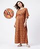 Bella Mama Cotton Woven Half Sleeves Kaftan Style Maternity Nighty Floral Print - Rust Orange