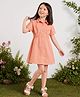 PURPLE UNITED KIDS Cotton Woven Half Sleeves Stone Embellished Brand Name Embroidered Shirt Style Dress - Peach