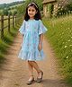 Qvink Georgette Woven Three Fourth Frill Sleeves Floral Printed Dress - Light Blue