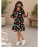 Qvink Georgette Woven Three Fourth Frill Sleeves Polka Dots Printed Dress - Black