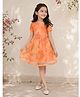 Qvink Organza Woven Half Sleeves Floral Printed Dress - Orange