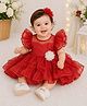 Qvink Organza Woven Half Frill Sleeves Floral Applique Detailed Dress - Red