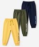 Babyhug Cotton Jersey Knit Full Length Lounge Pants With Text Print Pack Of 3 - Mustard Olive Green & Navy Blue