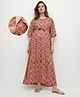 Bella Mama Cotton Woven Half Sleeves Maternity Nursing Kaftan with Floral Print - Brown