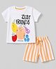 Kookie Kids Single Jersey Knit Half Sleeves T-Shirt & Striped Shorts Night Suit with Vegetable Print - White