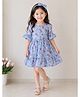 Qvink Georgette Woven Three Fourth Frill Sleeves Floral Printed Dress - Sky Blue