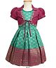 Enfance Silk Knit Banarasi Print Pattu Pavdai Dress with Half Sleeves Jacket - Bottle Green