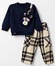 Little Kangaroos Fleece Knit Full Sleeves Winter Wear T-Shirt & Lounge Pant Set with Bear Printed Attached Pouch Pocket  - Navy Blue