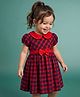 Babyhug Woven Half Puffed Sleeves Checked Frock With Bow Applique - Red