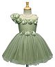 Enfance Net Knit One Shoulder Sleeves Floral Applique Flared Party Dress With Glitter Print - Light Green