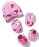Bonfino 100% Cotton Knit Cap Mittens and Booties with Heart Print & Bow Applique Pink - Diameter 10 cm