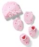Bonfino 100% Cotton Knit Cap Mittens and Booties with Polka Dot Heart Print & Bow Applique Light Pink - Diameter 10.5 cm