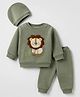 Babyhug Knit Full Sleeves Winter Wear Suit With Hat & Lion Patch & Cap - Green