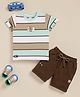 OLY KIDS Cotton Knit Half Sleeves Teddy Applique Detailed Striped Tee & Shorts Set - Brown