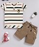 OLY KIDS Cotton Knit Half Sleeves Coffee Patch Applique Detailed Striped Tee & Shorts Set - Brown