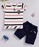 OLY KIDS Cotton Knit Half Sleeves Coffee Patch Applique Detailed Striped Tee & Shorts Set - Pink
