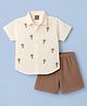 Little Kangaroos Cotton Woven Half Sleeves  Shirt & Shorts Set with Tropical Theme Embroidery - Cream