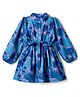 Twetoons Knitted Full Peasant Sleeves Frock with Tropical Theme Print with Belt- Blue