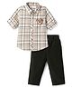 Babyoye Cotton Woven Full Sleeves Checked Shirt & Trouser Set With Bear Applique - Beige