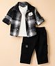 Little Kangaroos 100% Cotton Woven Full Sleeves Checked Shirt & Pant Set With Inner Tee & Bear Patch - Black