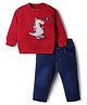 Little Kangaroos Fleece Knit Full Sleeves Sweatshirt & Jeans Set with Dino Applique- Red