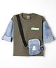 Little Kangaroos Cotton Knit Looper T-Shirt with Detachable Crossbody Bag, Full Sleeves and Lil'K 1996 Patch in Olive Green for 3-4 Years
