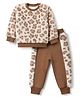 Little Kangaroos Fur Knit Full Sleeves Winter Wear Suit With Leopard Print - Brown
