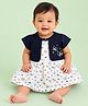 CANDY HOUSE Knitted Woven Half Sleeves Butterfly Embroidered & Printed Dress WIth Attached Shrug - Navy Blue