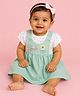 CANDY HOUSE Interlock Knit Half Sleeves Smile Text Embroidered Floral Printed Pinafore Dress - Light Green