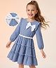 Hola Bonita Cotton Woven Dress and Belt with Full Sleeves and Checked Pattern in Blue for 5-6 Years