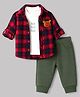 Little Kangaroos Cotton Knit Woven Full Sleeves Checked Sweatshirt With T-Shirt & Joggers - Red